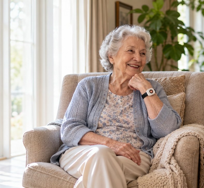 Symbolbild: Seniorin mit Hausnotruf-Armband im Wohnzimmer – Fachbetriebe für Freudenberg